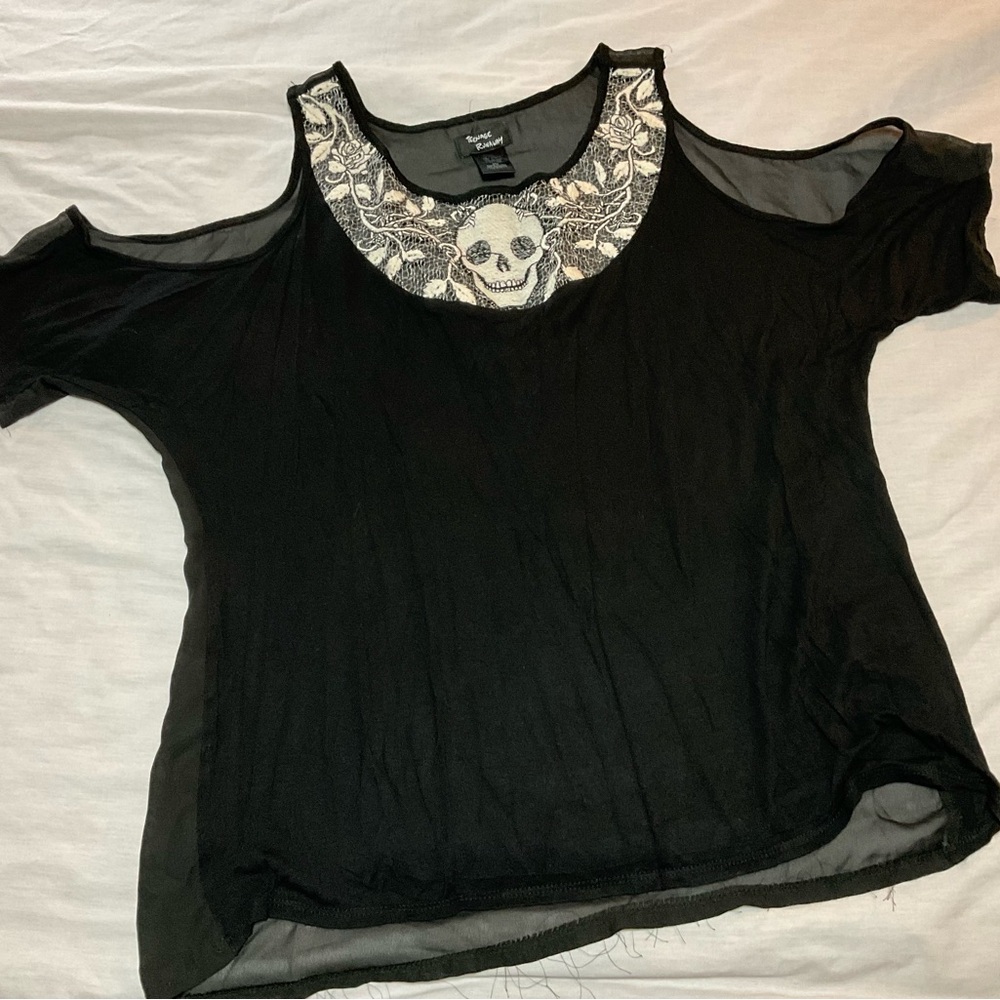 Black Cold Shoulder Blouse with White Skull Floral Design